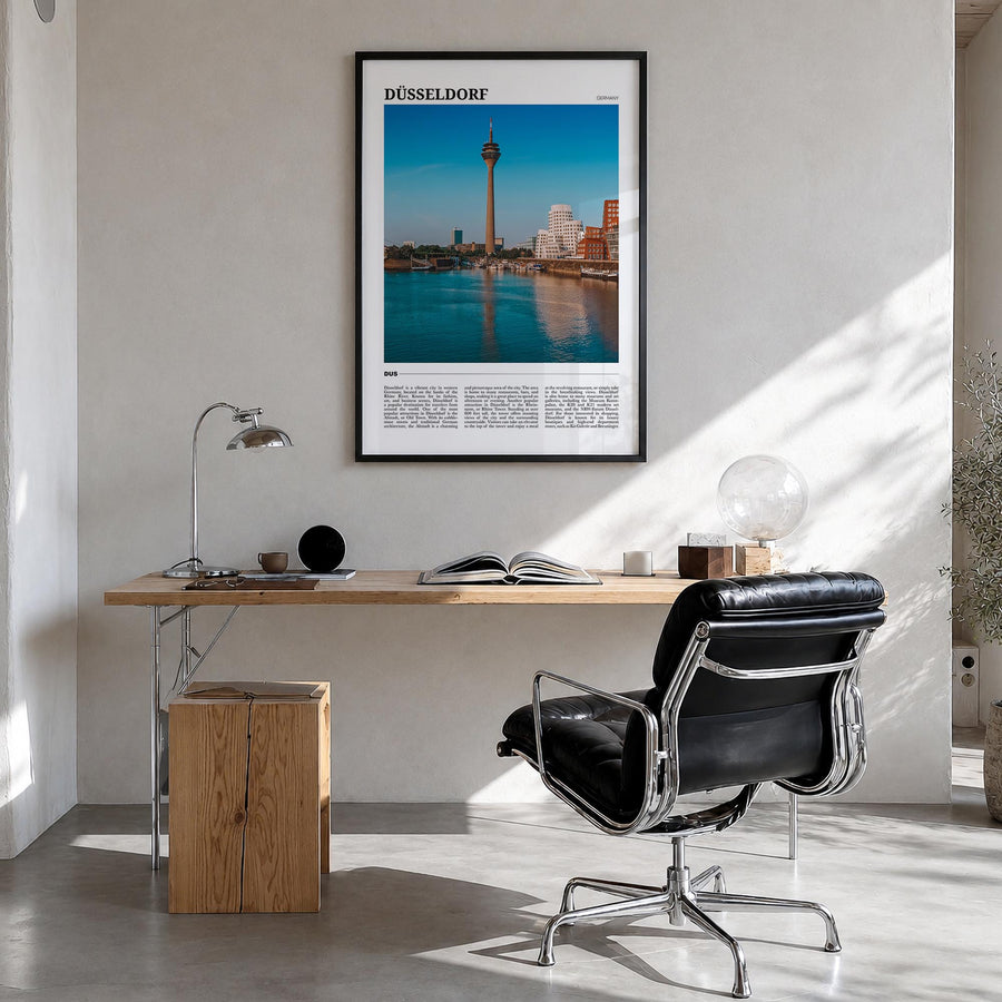 Düsseldorf colorful travel poster of Germany – vertical wall art in black wood frame, hanging on wall