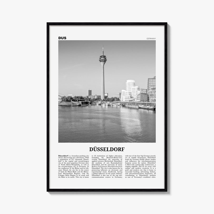 Düsseldorf no. 1 black & white newspaper poster of Germany – vertical wall art, unframed print shown in interior mockup