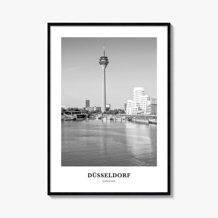Düsseldorf no. 2 black & white classic poster of Germany – vertical wall art, unframed print shown in interior mockup