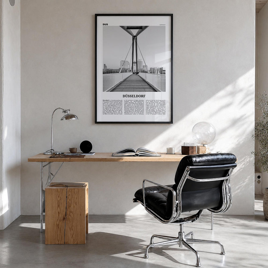 Düsseldorf no. 2 black & white newspaper poster of Germany – vertical wall art in black wood frame, hanging on wall