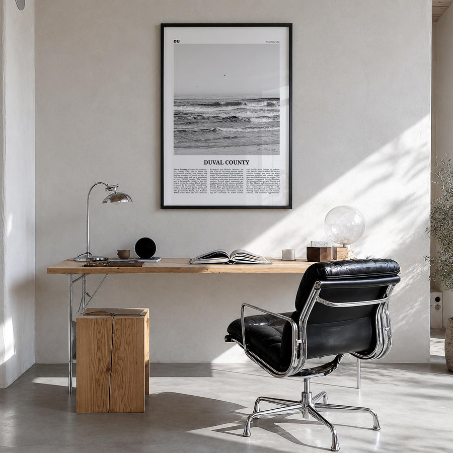 Duval County black & white newspaper poster of Florida, USA – vertical wall art in black wood frame, hanging on wall