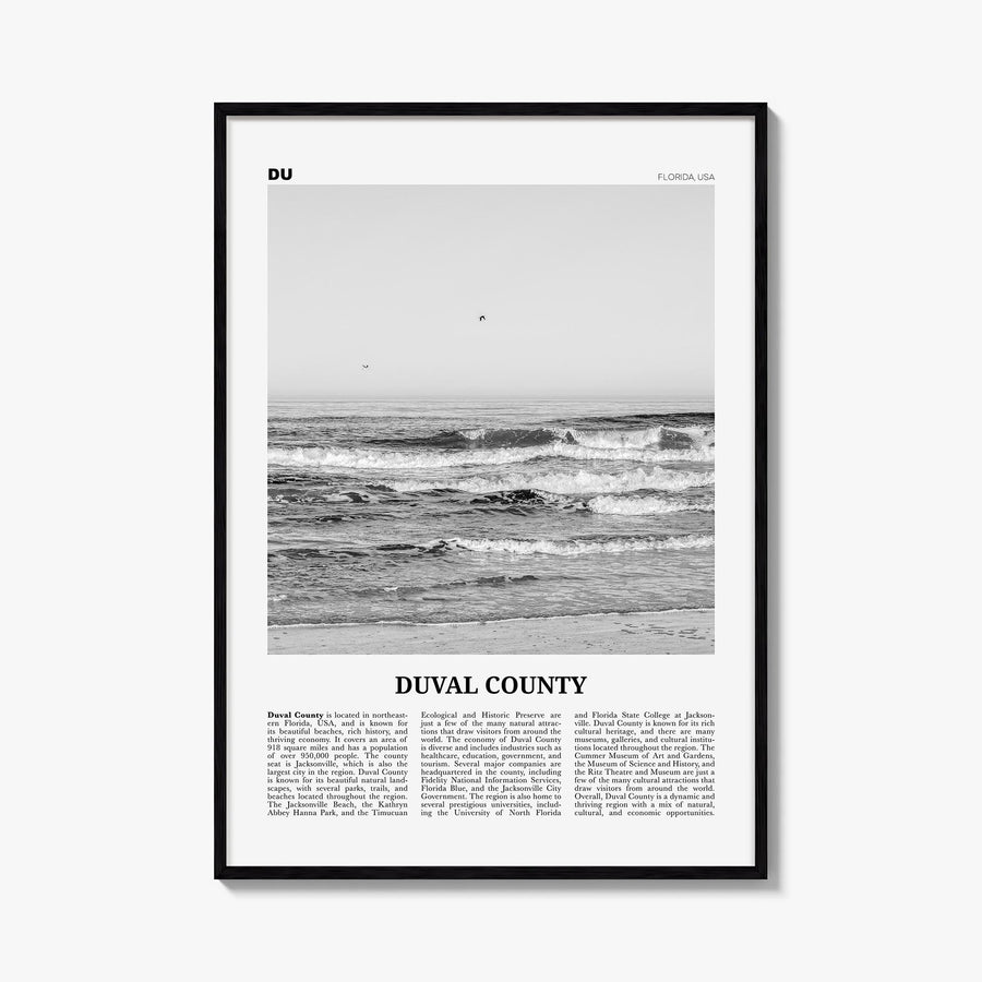 Duval County black & white newspaper poster of Florida, USA – vertical wall art, unframed print shown in interior mockup