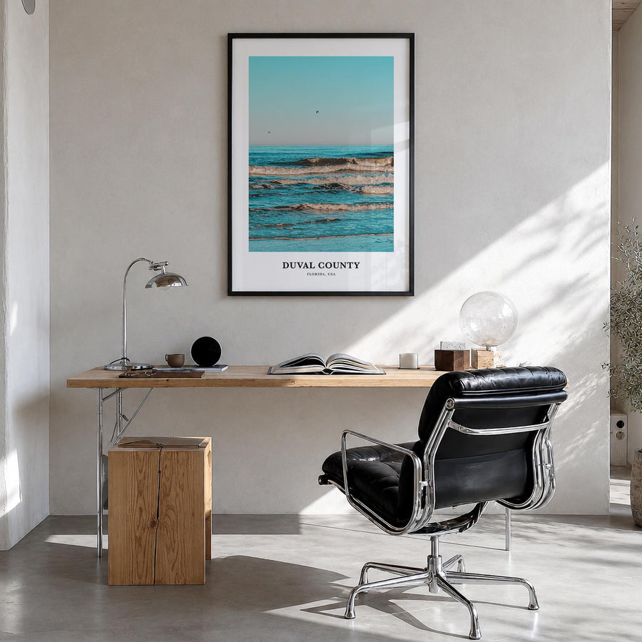 Duval County colorful classic poster of Florida, USA – vertical wall art in black wood frame, hanging on wall