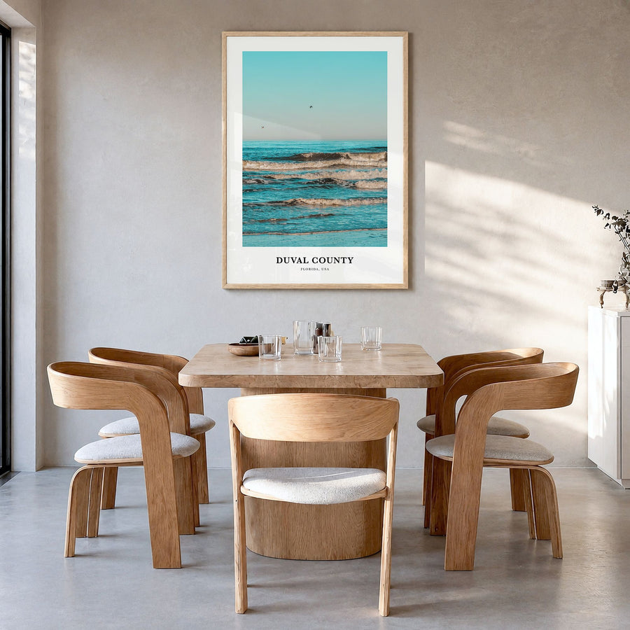 Duval County Classic Poster in a natural wood frame, hanging in a dining room