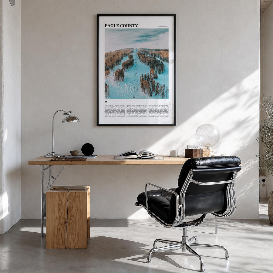 Eagle County colorful travel poster of Colorado, USA – vertical wall art in black wood frame, hanging on wall