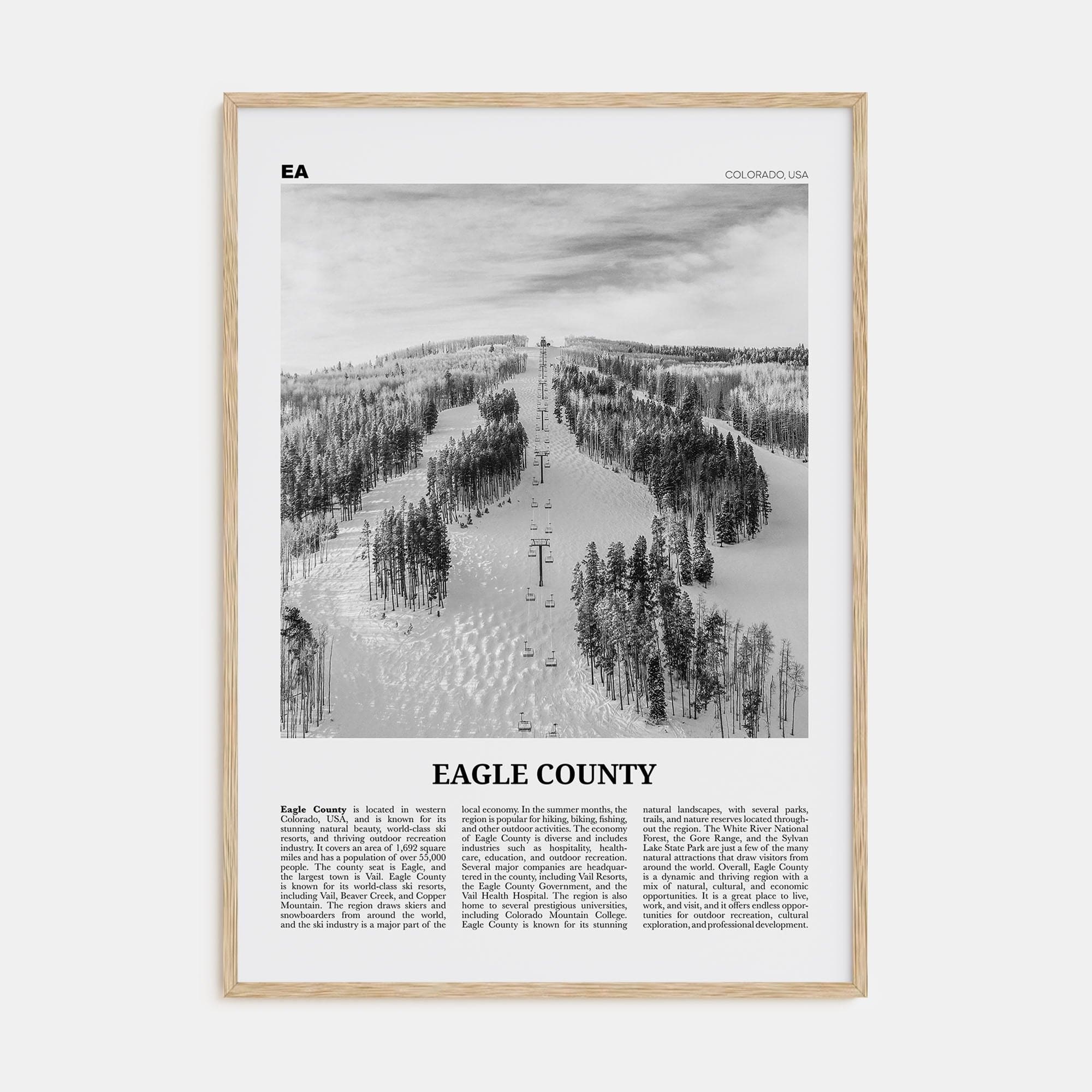 Eagle County Poster Natural Wood / 8x12 in Nbourhood Travel B&W Poster