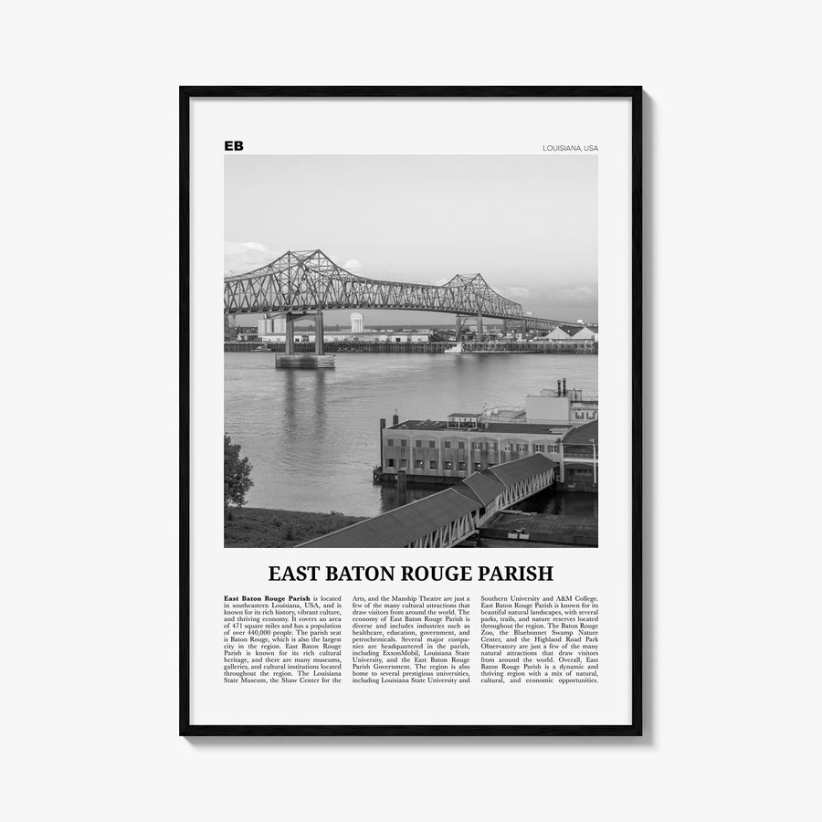 East Baton Rouge Parish black & white newspaper poster of Louisiana, USA – vertical wall art, unframed print shown in interio