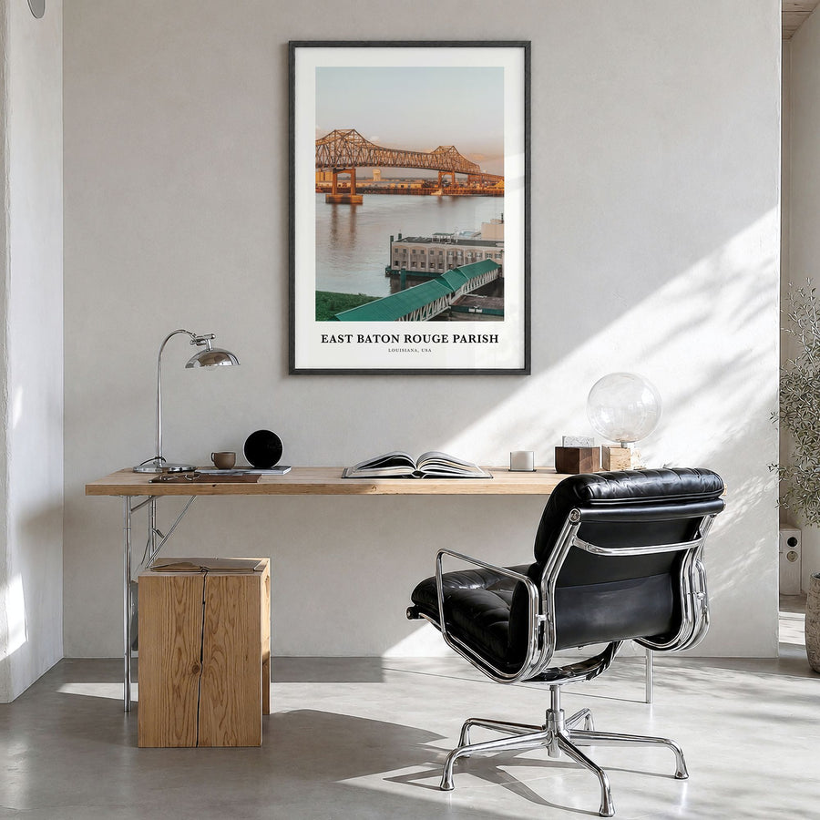 East Baton Rouge Parish Classic Poster in a black wood frame, hanging in a bright home office