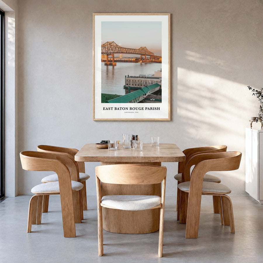 East Baton Rouge Parish Classic Poster in a natural wood frame, hanging in a dining room
