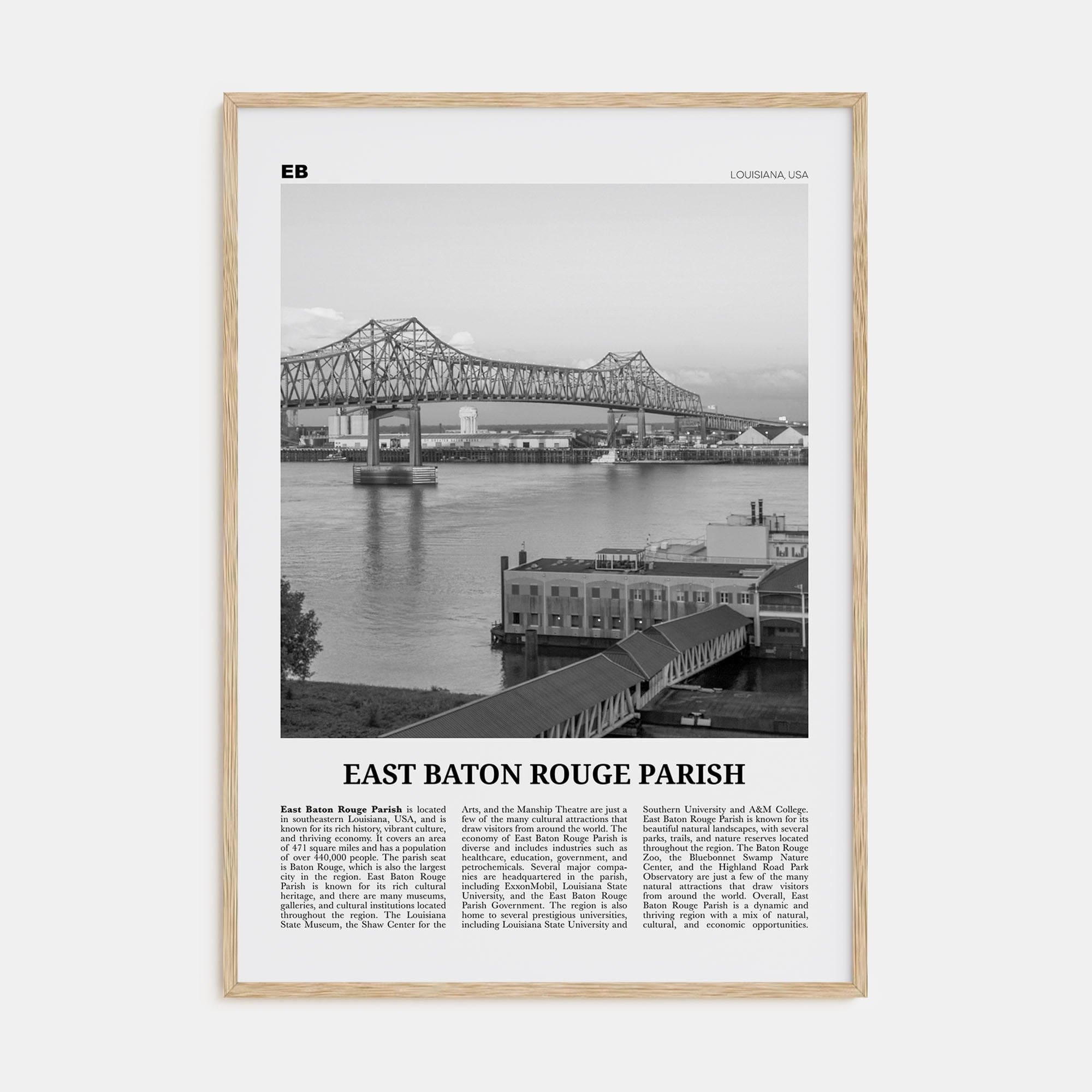 East Baton Rouge Parish Poster Natural Wood / 8x12 in Nbourhood Travel B&W Poster