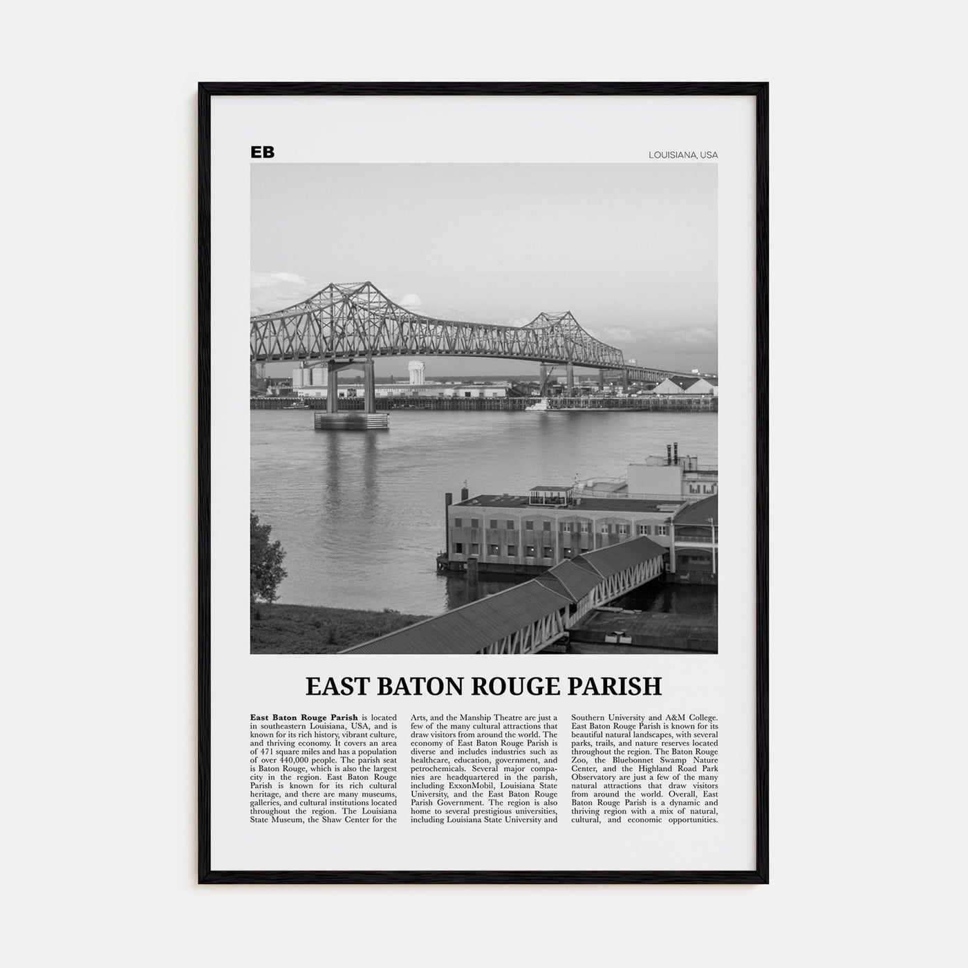 East Baton Rouge Parish Poster Black Wood / 8x12 in Nbourhood Travel B&W Poster