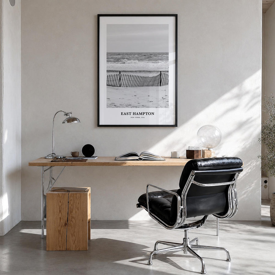 East Hampton black & white classic poster of New York, USA – vertical wall art in black wood frame, hanging on wall