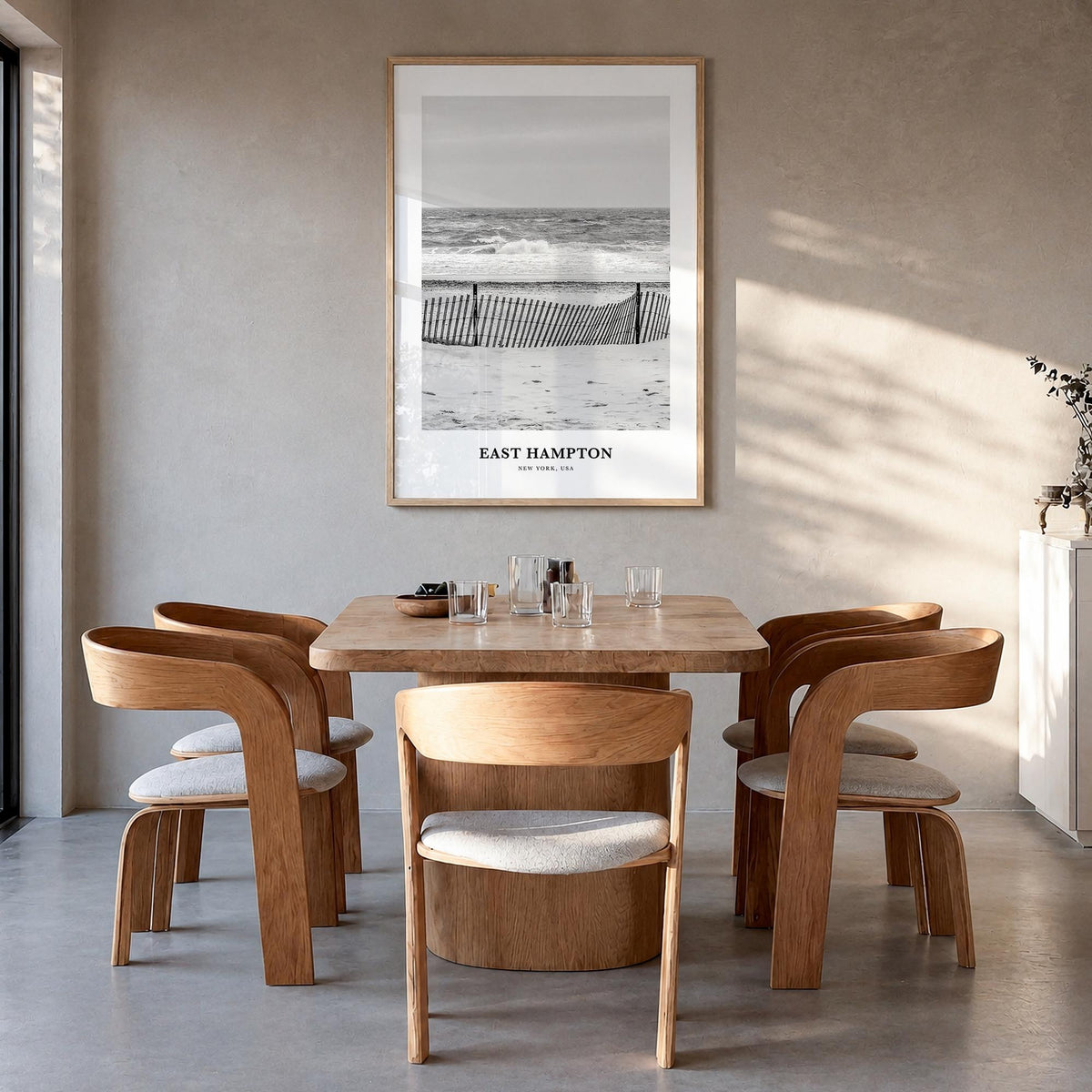 East Hampton black & white classic poster of New York, USA – vertical wall art in natural wood frame, hanging on wall