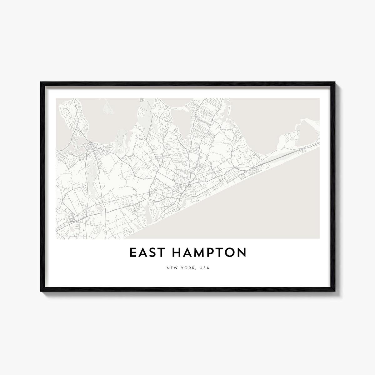 East Hampton black & white map poster of New York, USA – horizontal wall art, unframed print shown in interior mockup