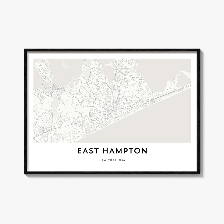 East Hampton black & white map poster of New York, USA – horizontal wall art, unframed print shown in interior mockup