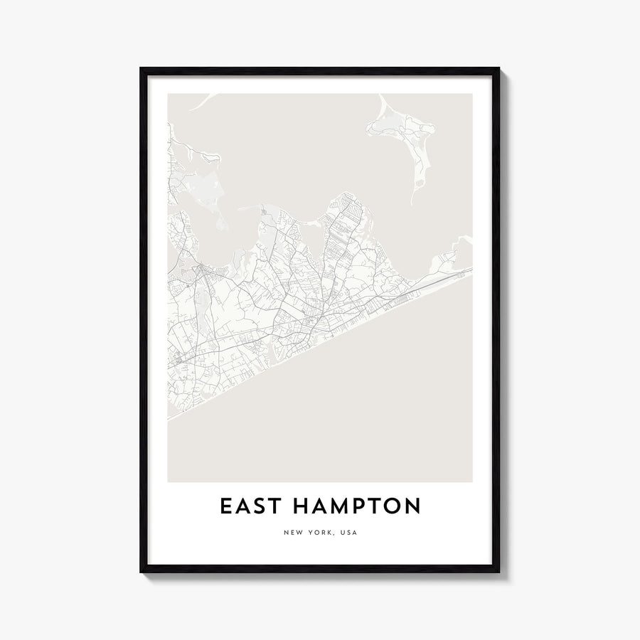 East Hampton black & white map poster of New York, USA – vertical wall art, unframed print shown in interior mockup