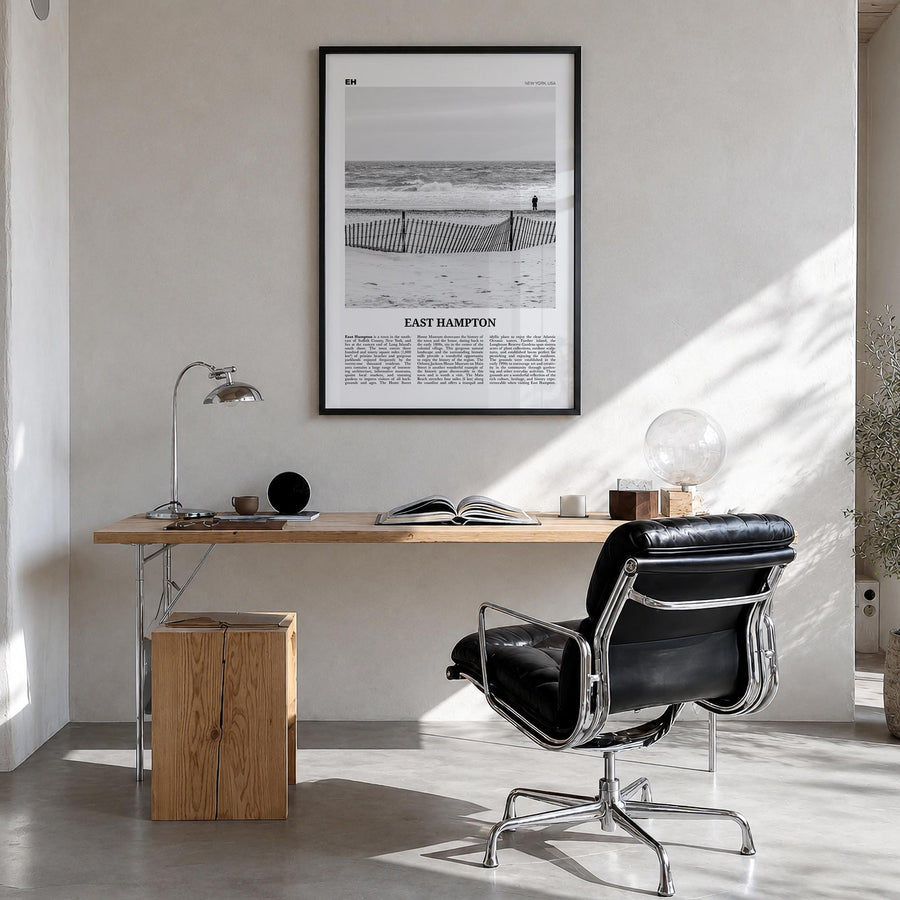 East Hampton black & white newspaper poster of New York, USA – vertical wall art in black wood frame, hanging on wall