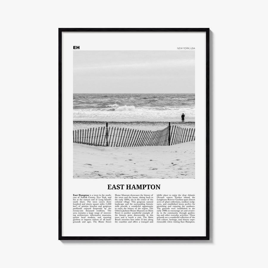 East Hampton black & white newspaper poster of New York, USA – vertical wall art, unframed print shown in interior mockup