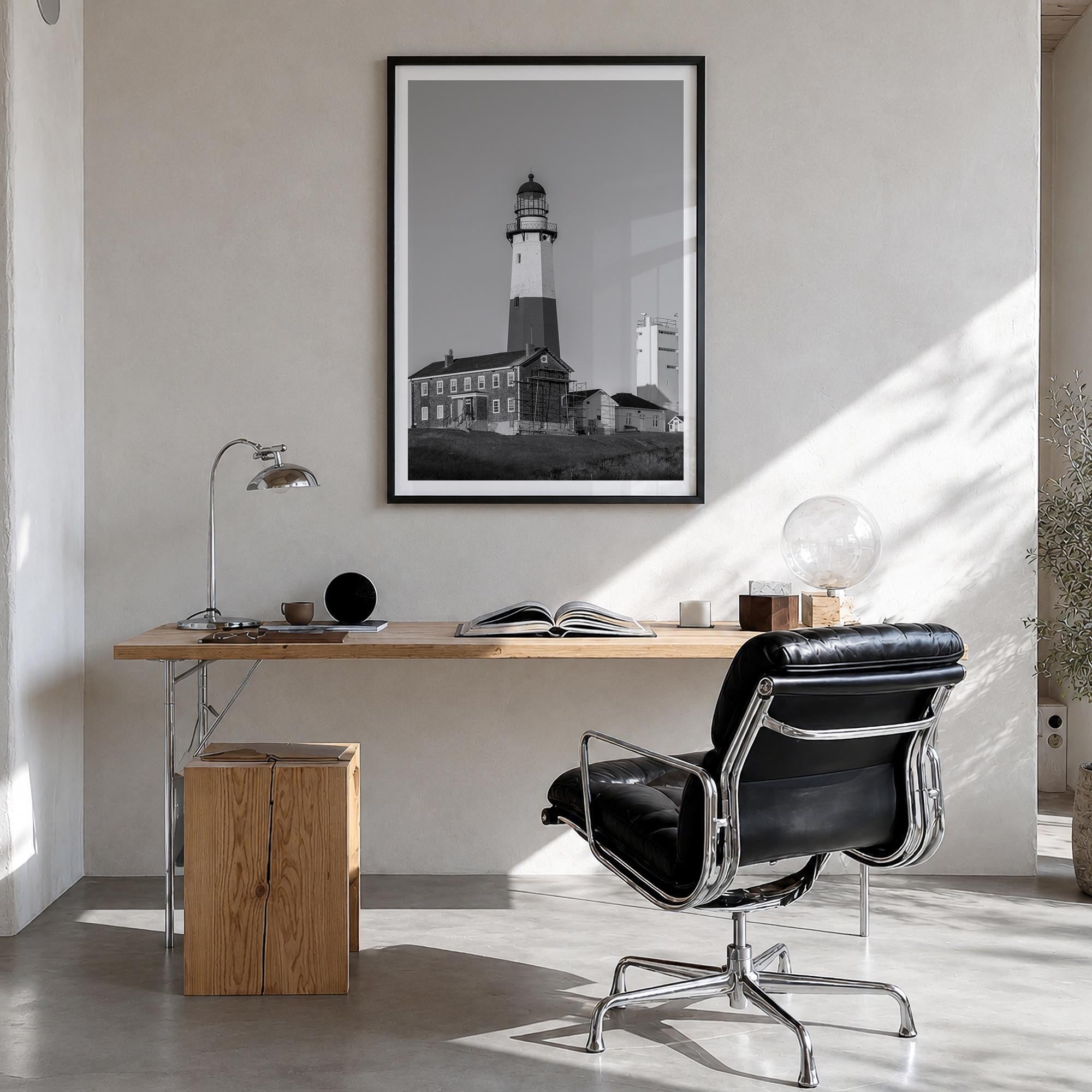 East Hampton black & white photo poster of New York, USA – vertical wall art in black wood frame with white border, hanging o