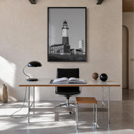 East Hampton black & white photo poster of New York, USA – vertical wall art in black wood frame, hanging on wall
