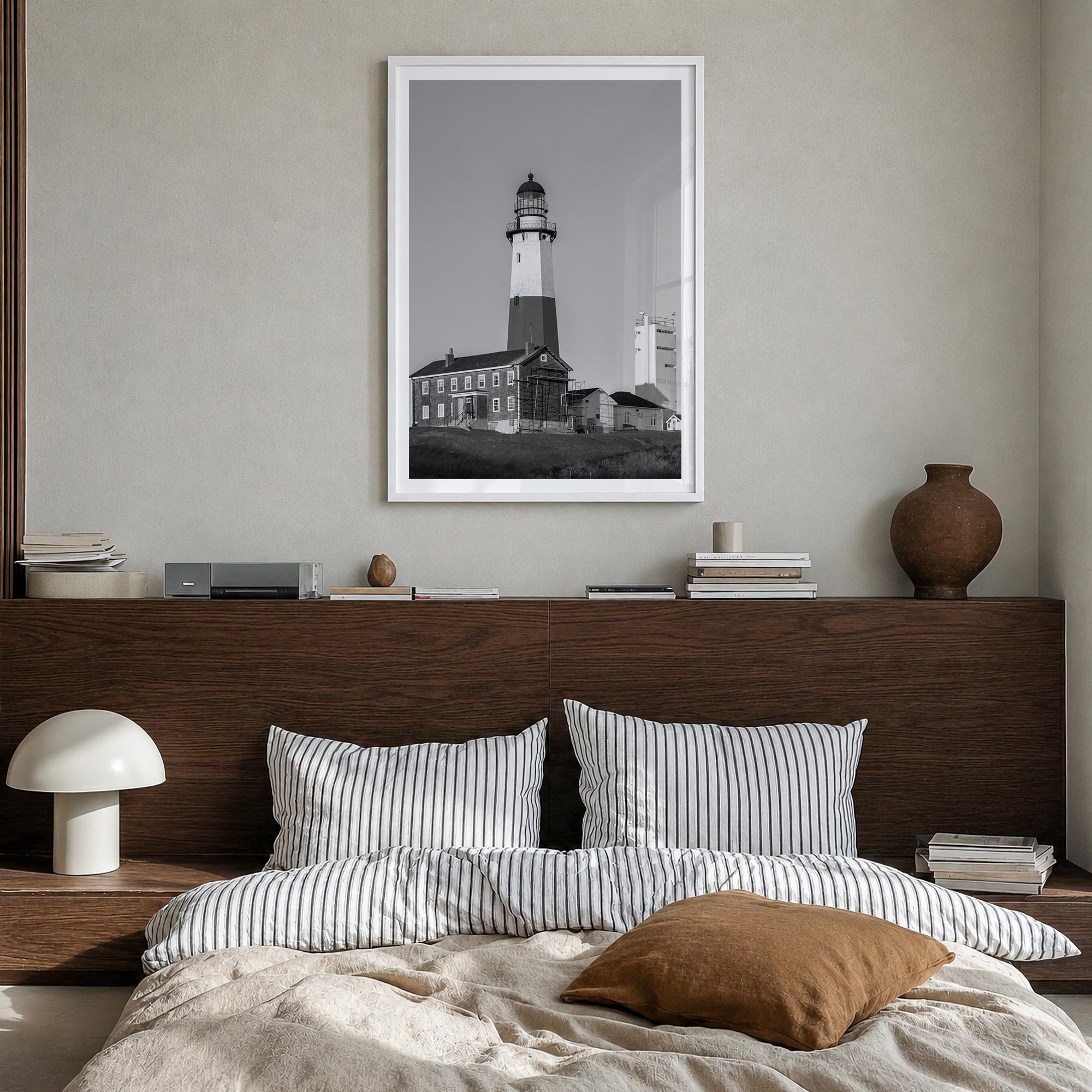 East Hampton black & white photo poster of New York, USA – vertical wall art in white wood frame with white border, hanging o