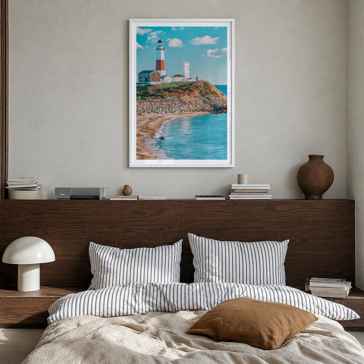 East Hampton colorful photo poster of New York, USA – vertical wall art in white wood frame with white border, hanging on wal