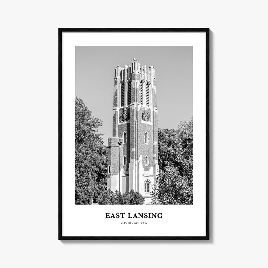 East Lansing black & white classic poster of Michigan, USA – vertical wall art, unframed print shown in interior mockup