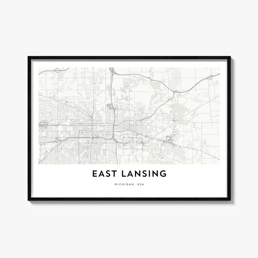 East Lansing black & white map poster of Michigan, USA – horizontal wall art, unframed print shown in interior mockup