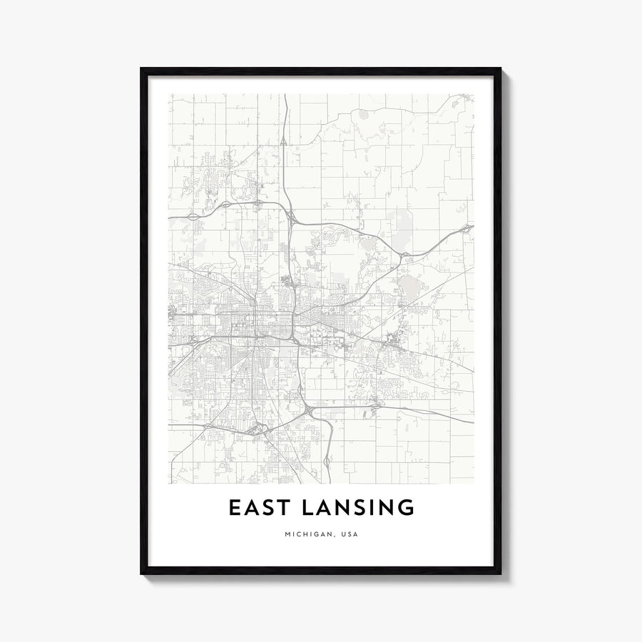 East Lansing black & white map poster of Michigan, USA – vertical wall art, unframed print shown in interior mockup