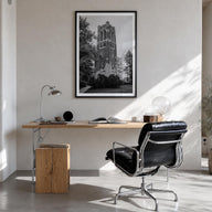 East Lansing black & white photo poster of Michigan, USA – vertical wall art in black wood frame with white border, hanging o