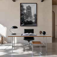 East Lansing black & white photo poster of Michigan, USA – vertical wall art in black wood frame, hanging on wall