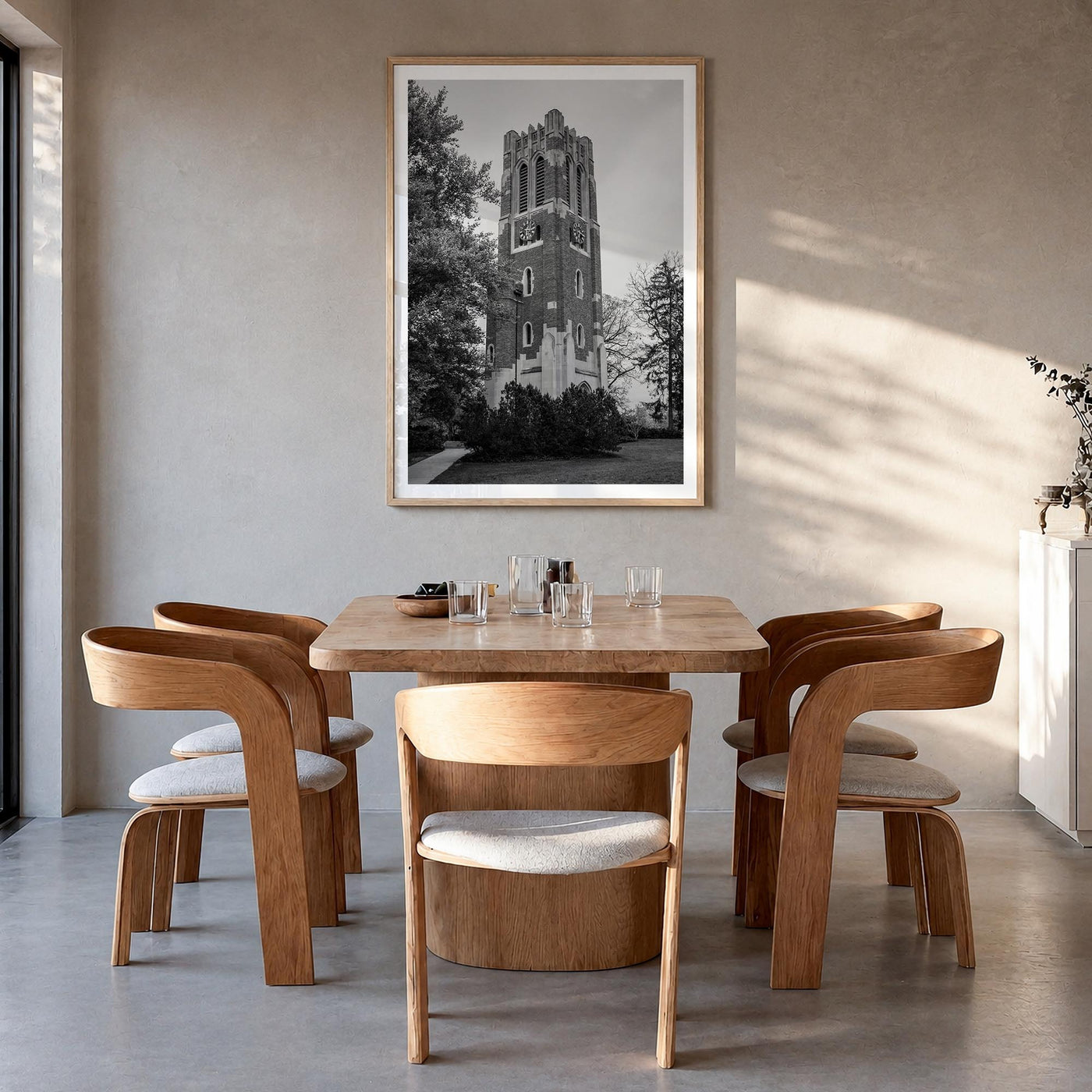 East Lansing black & white photo poster of Michigan, USA – vertical wall art in natural wood frame with white border, hanging