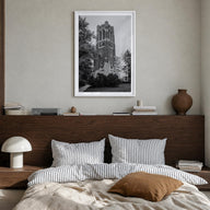 East Lansing black & white photo poster of Michigan, USA – vertical wall art in white wood frame with white border, hanging o