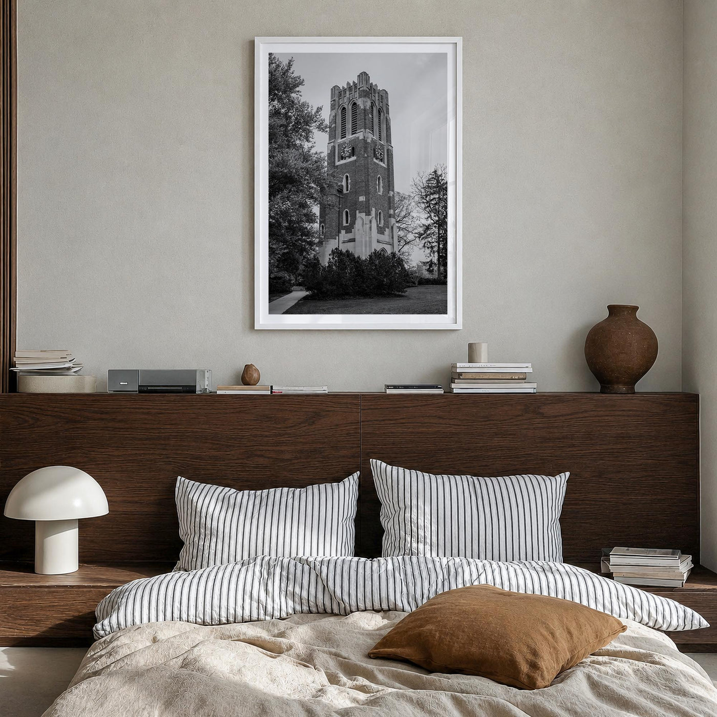 East Lansing black & white photo poster of Michigan, USA – vertical wall art in white wood frame with white border, hanging o