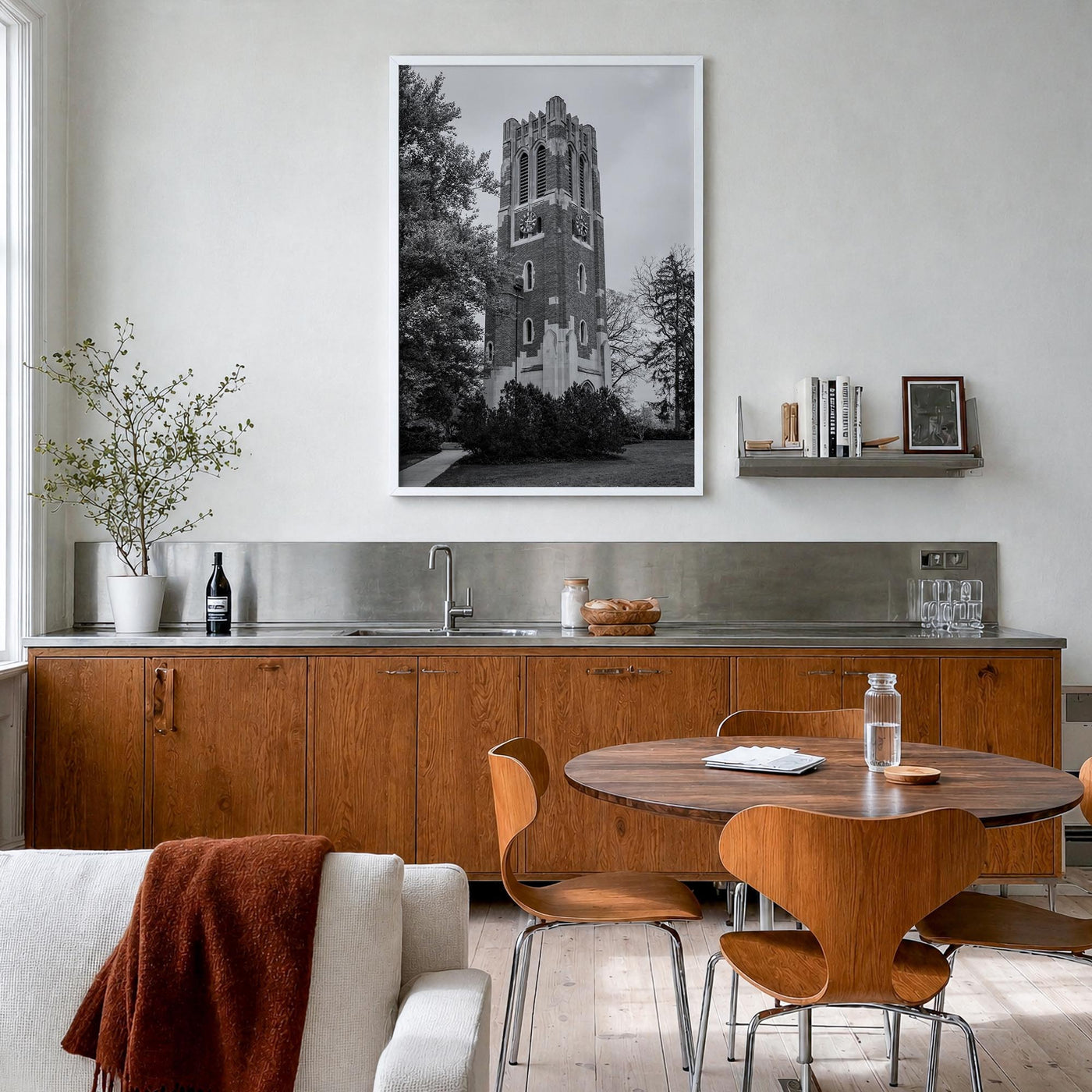 East Lansing black & white photo poster of Michigan, USA – vertical wall art in white wood frame, hanging on wall