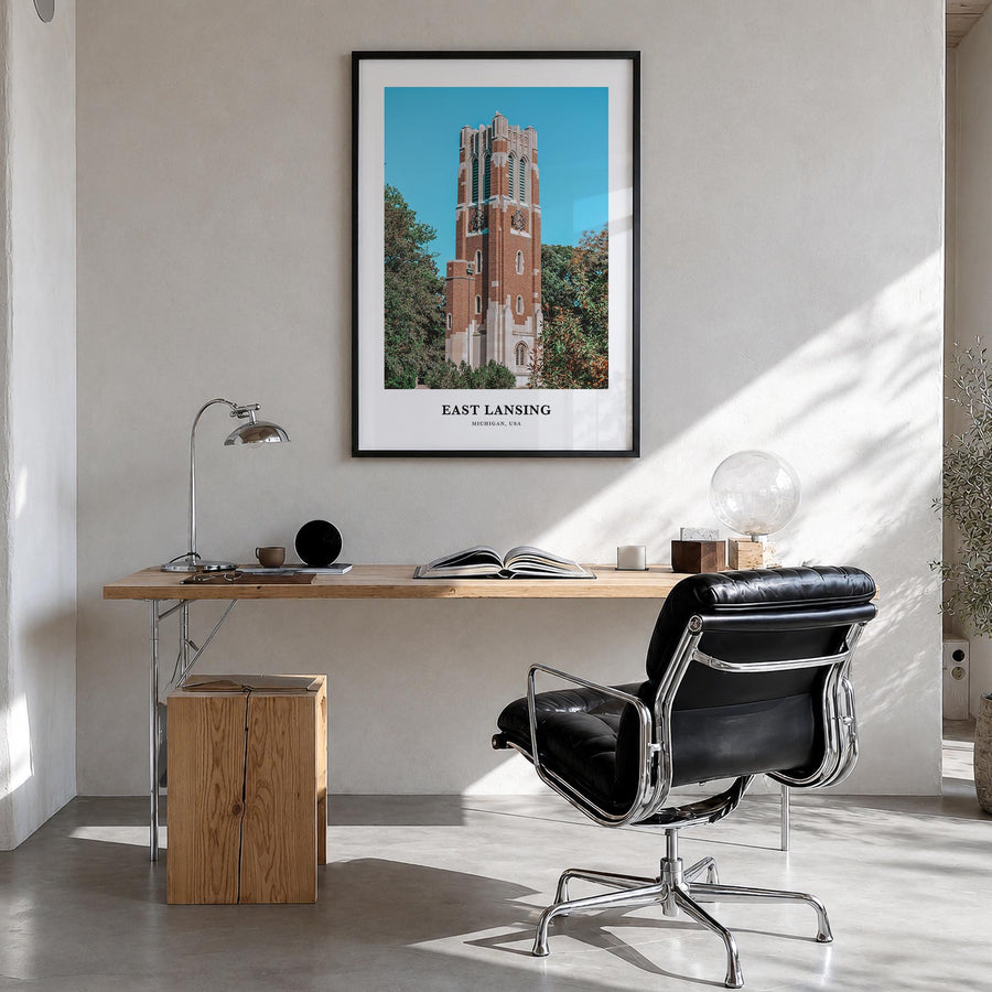 East Lansing colorful classic poster of Michigan, USA – vertical wall art in black wood frame, hanging on wall