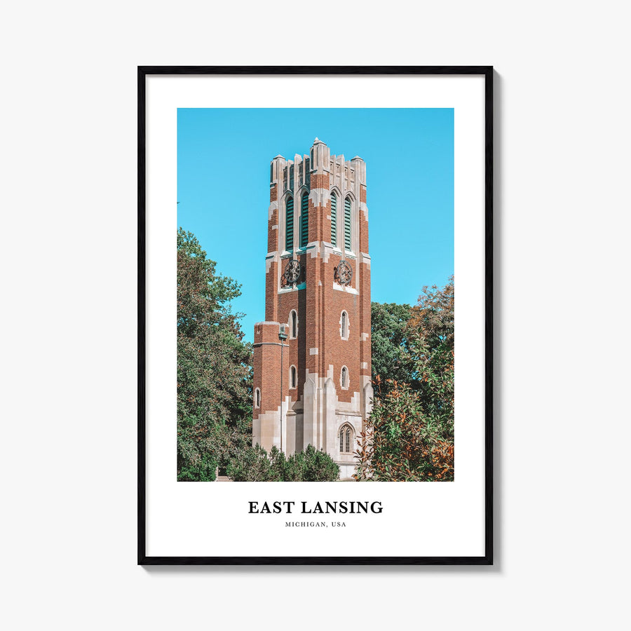 East Lansing colorful classic poster of Michigan, USA – vertical wall art, unframed print shown in interior mockup
