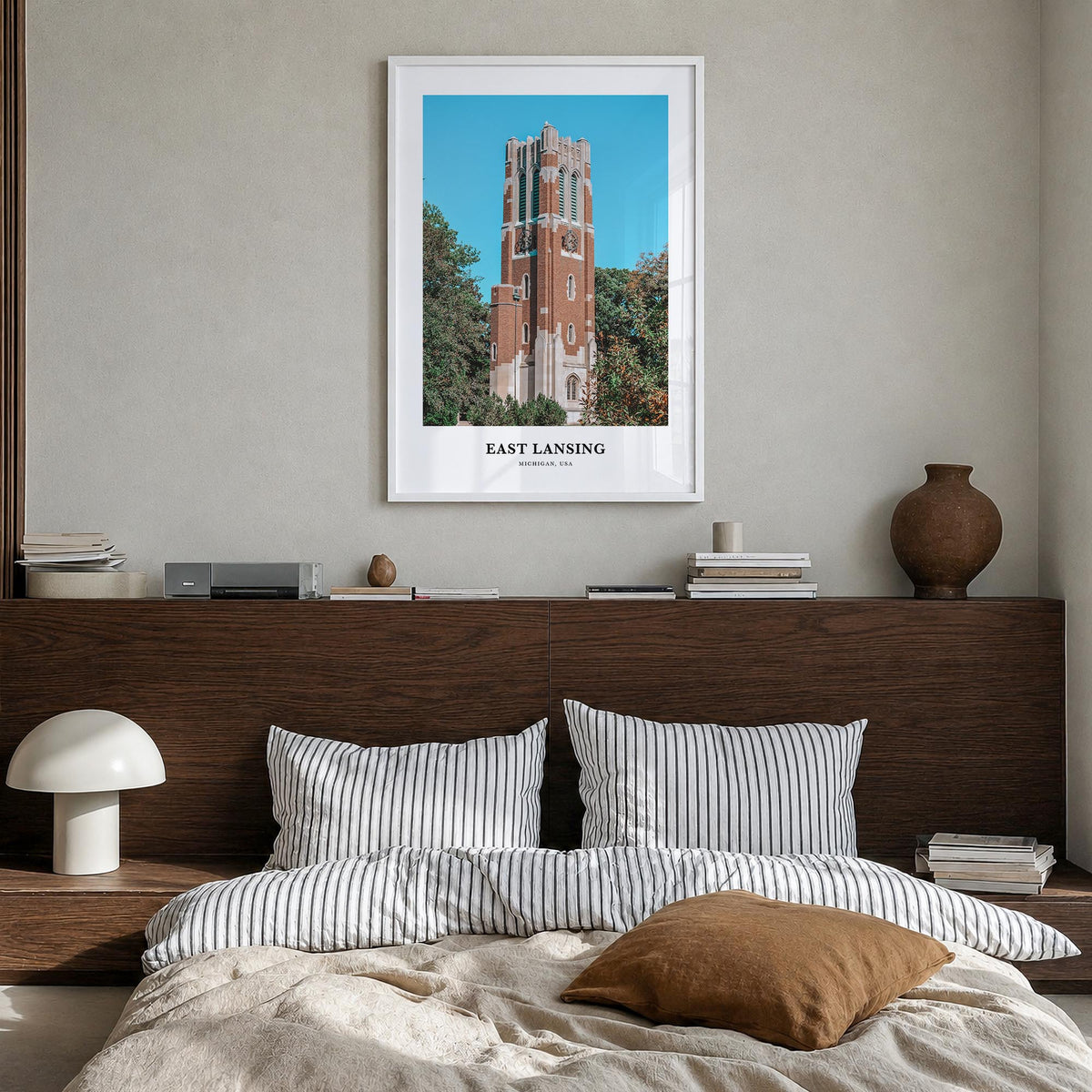 East Lansing colorful classic poster of Michigan, USA – vertical wall art in white wood frame, hanging on wall