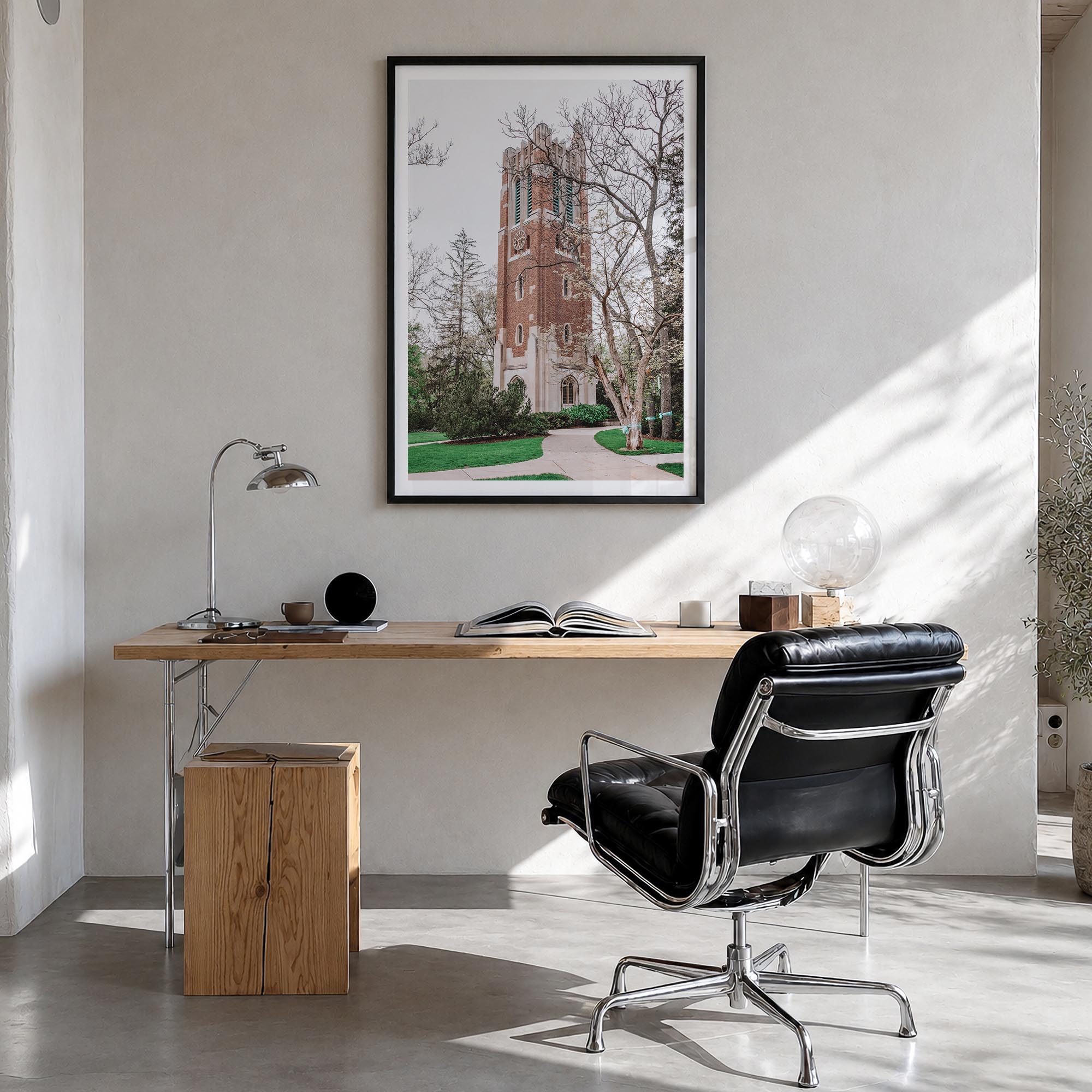 East Lansing colorful photo poster of Michigan, USA – vertical wall art in black wood frame with white border, hanging on wal