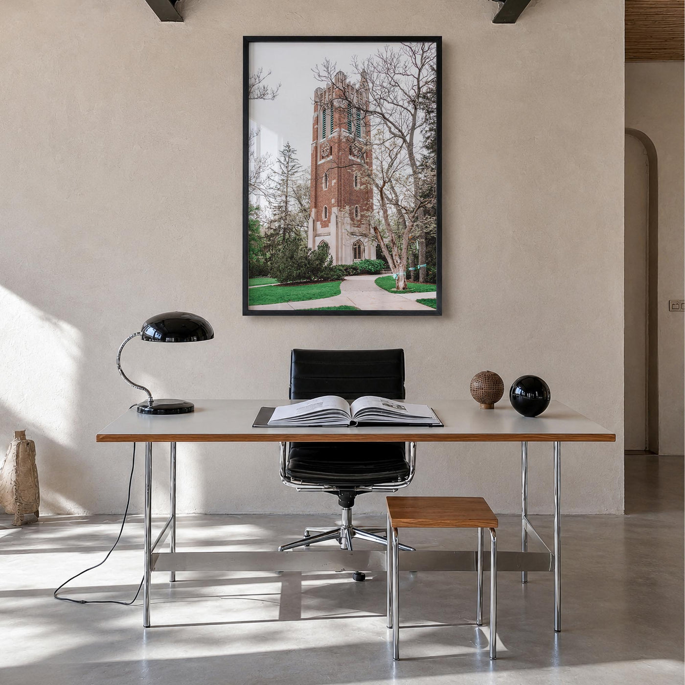 East Lansing colorful photo poster of Michigan, USA – vertical wall art in black wood frame, hanging on wall