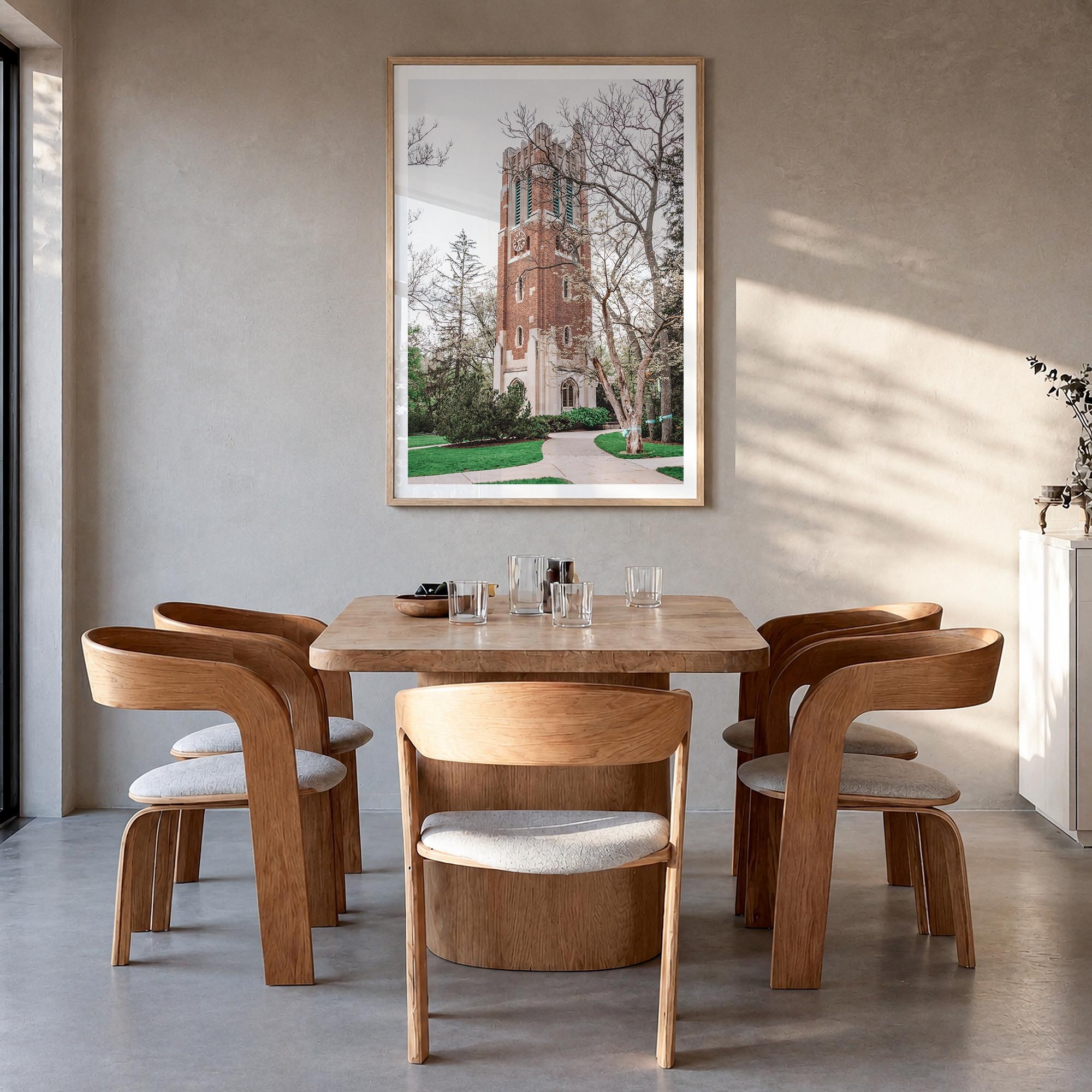 East Lansing colorful photo poster of Michigan, USA – vertical wall art in natural wood frame with white border, hanging on w