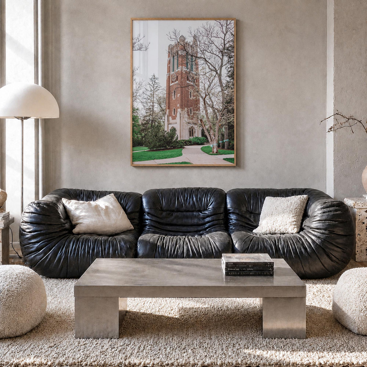 East Lansing colorful photo poster of Michigan, USA – vertical wall art in natural wood frame, hanging on wall