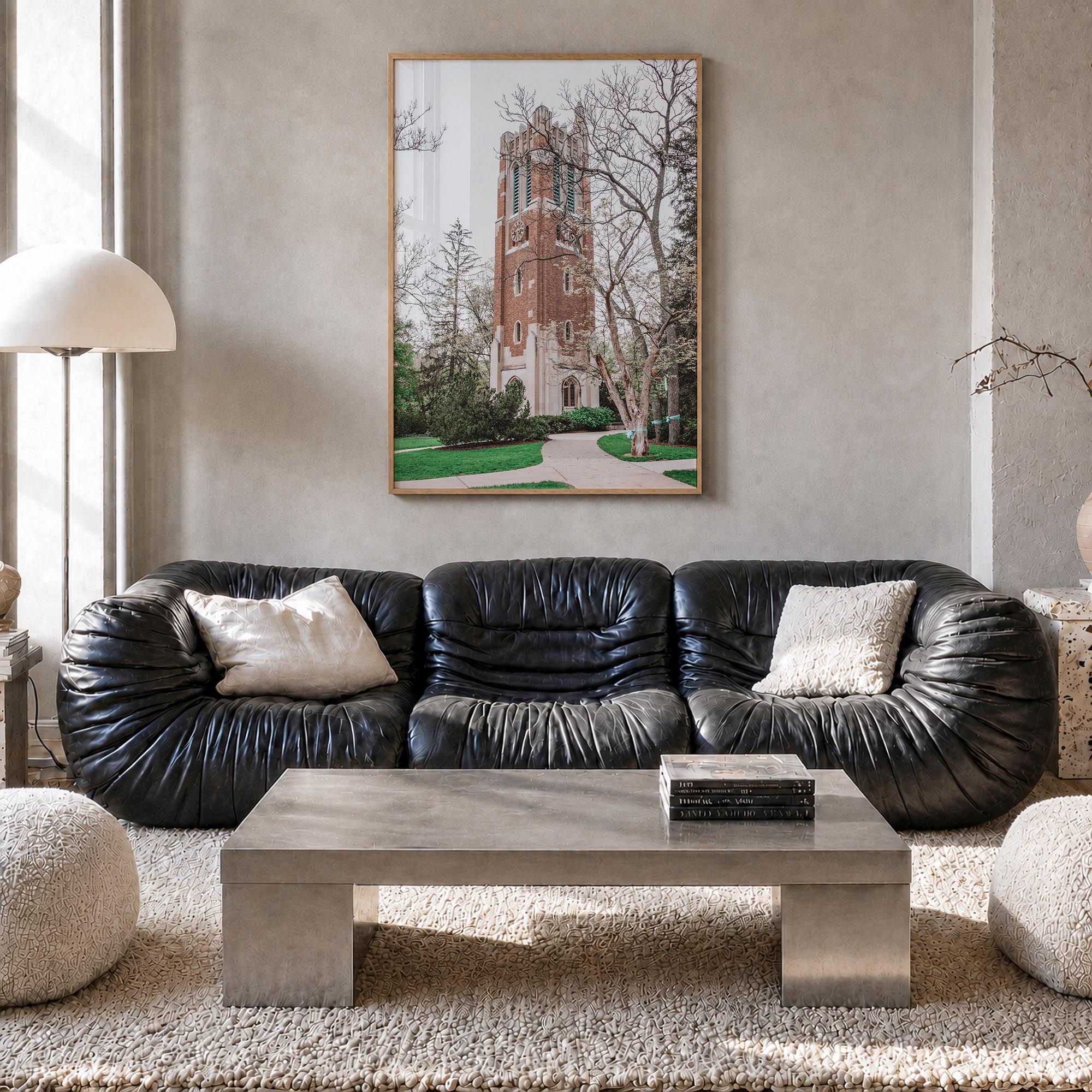 East Lansing colorful photo poster of Michigan, USA – vertical wall art in natural wood frame, hanging on wall