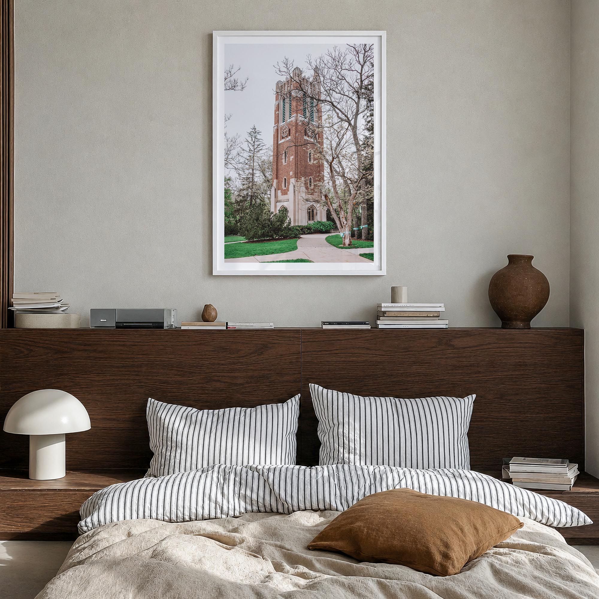 East Lansing colorful photo poster of Michigan, USA – vertical wall art in white wood frame with white border, hanging on wal