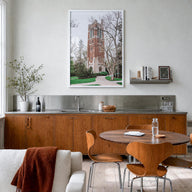 East Lansing colorful photo poster of Michigan, USA – vertical wall art in white wood frame, hanging on wall