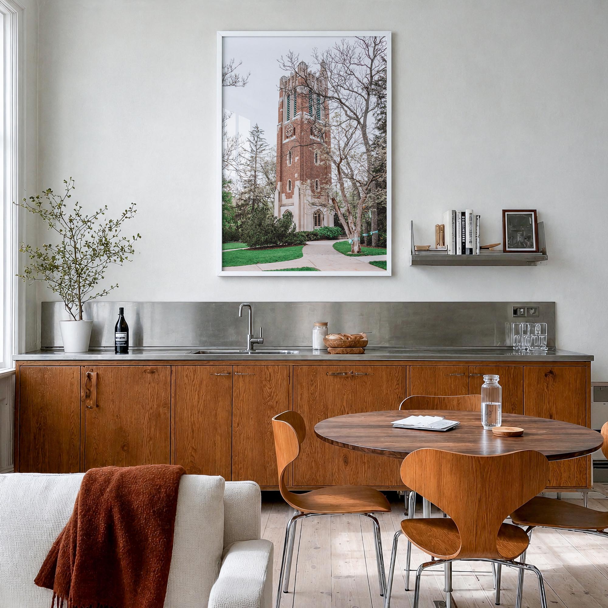 East Lansing colorful photo poster of Michigan, USA – vertical wall art in white wood frame, hanging on wall