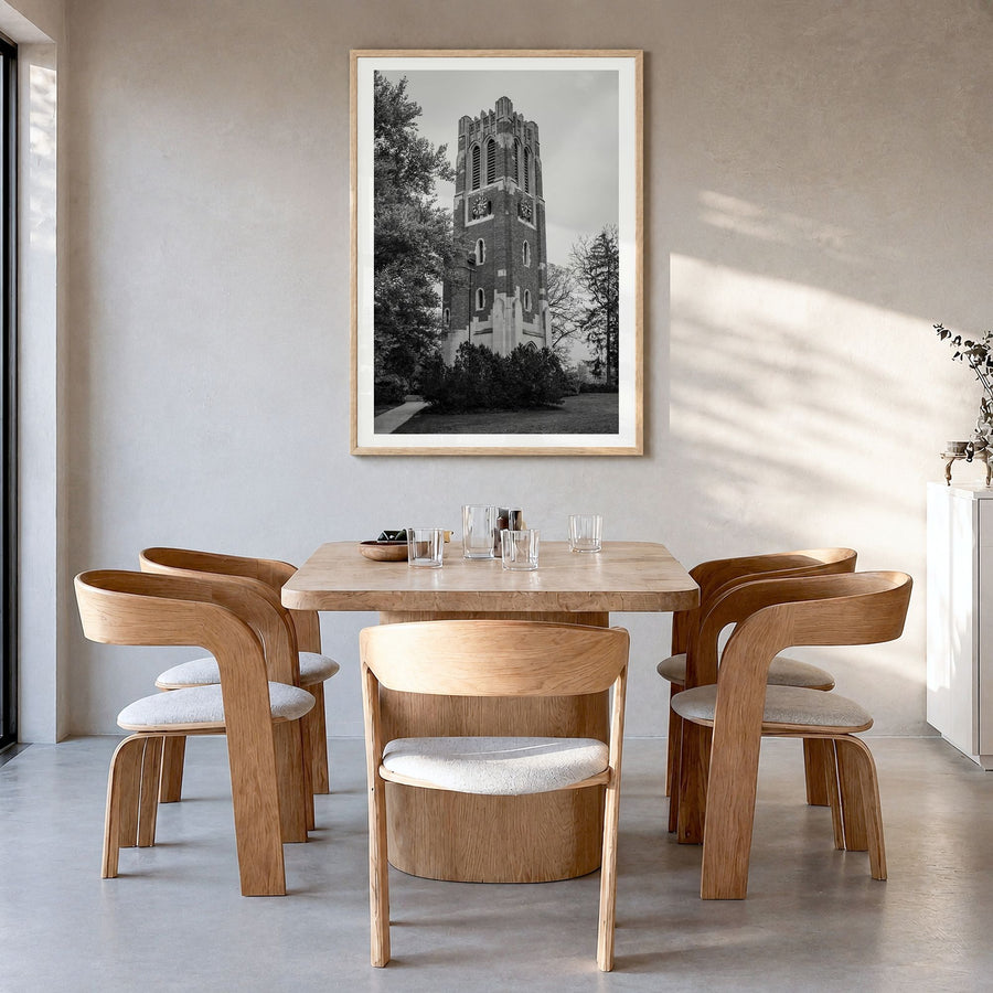 East Lansing Photo Poster in a natural wood frame, hanging in a dining room, white border