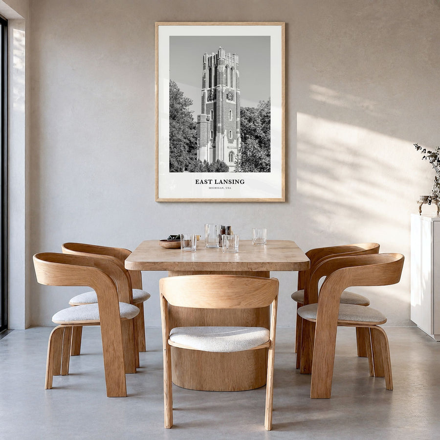 East Lansing Classic Poster in a natural wood frame, hanging in a dining room
