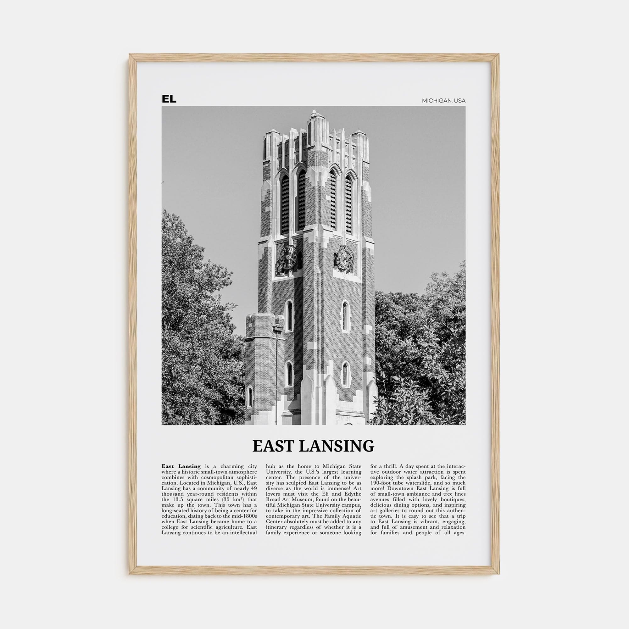 East Lansing Poster Natural Wood / 8x12 in Nbourhood Travel B&W Poster