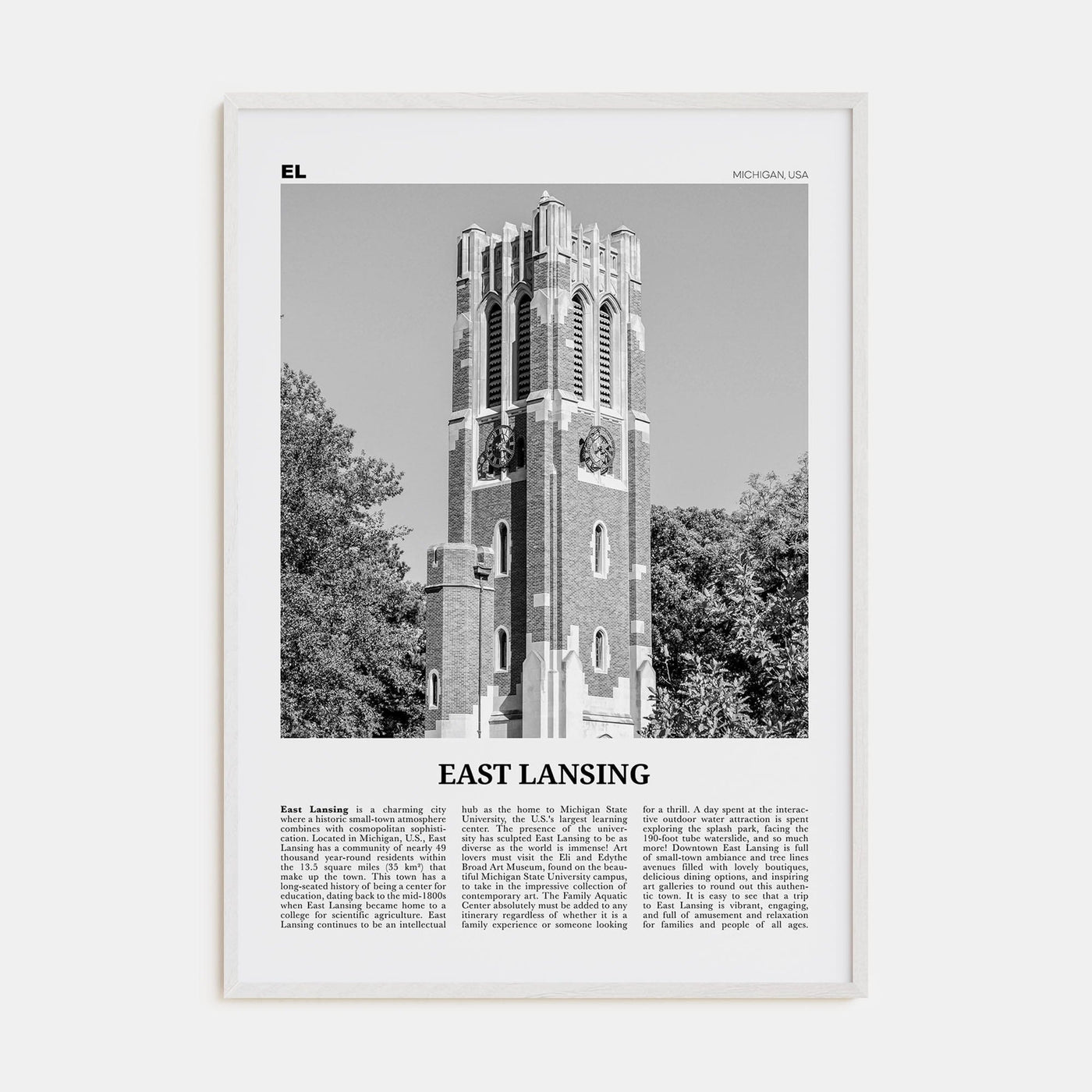 East Lansing Poster White Wood / 8x12 in Nbourhood Travel B&W Poster